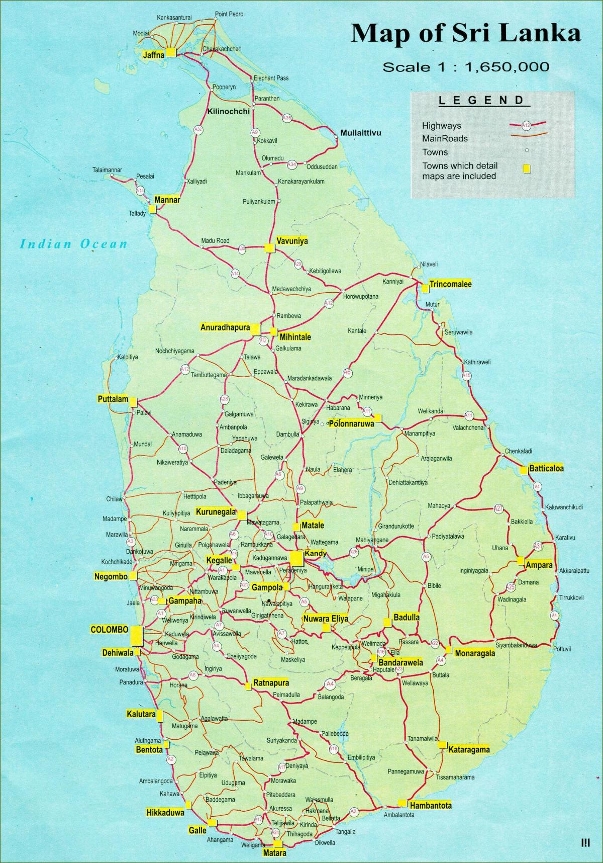 carte touristique, carte de Sri Lanka avec la route