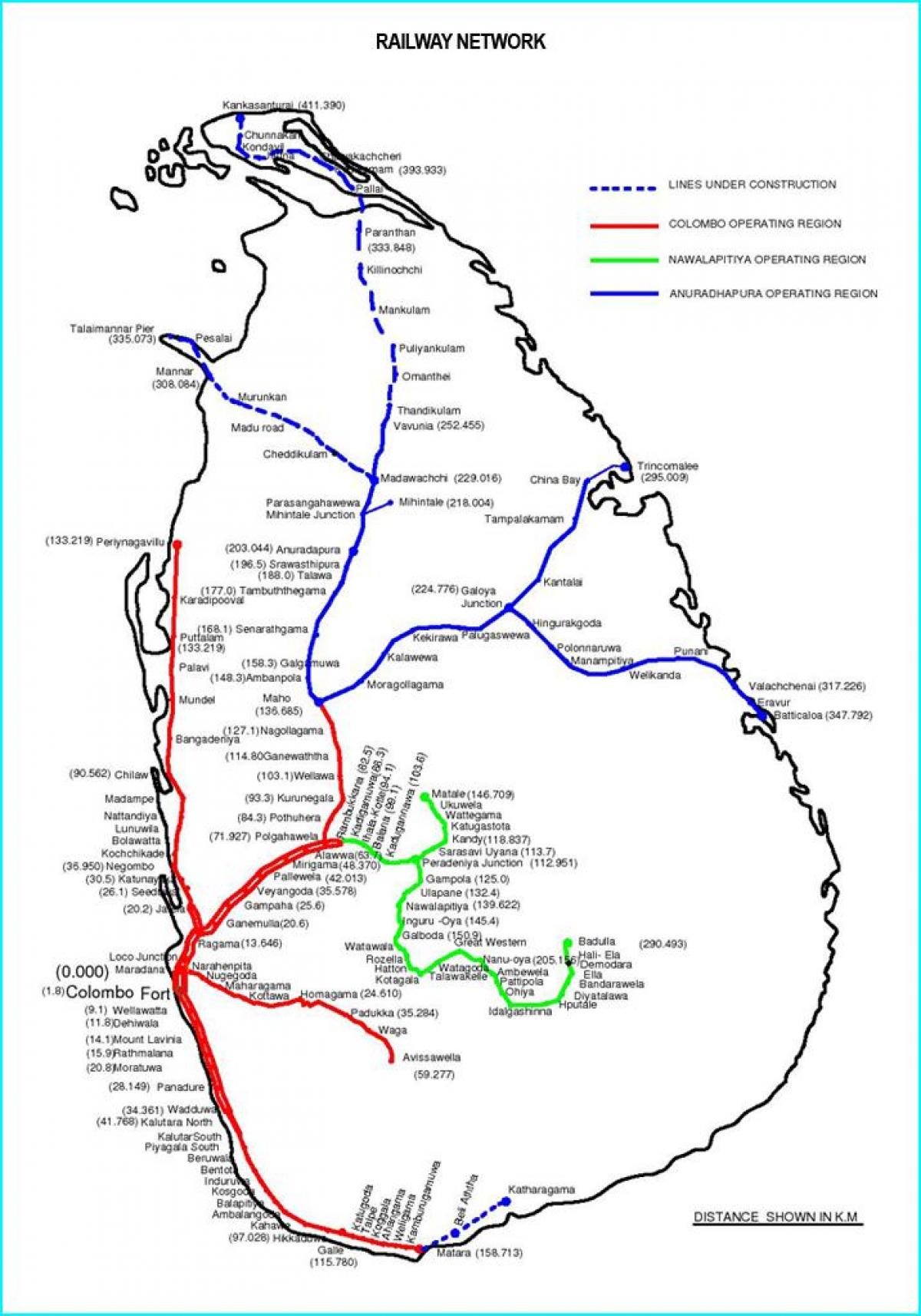 chemin de fer de la carte de l'itinéraire au Sri Lanka