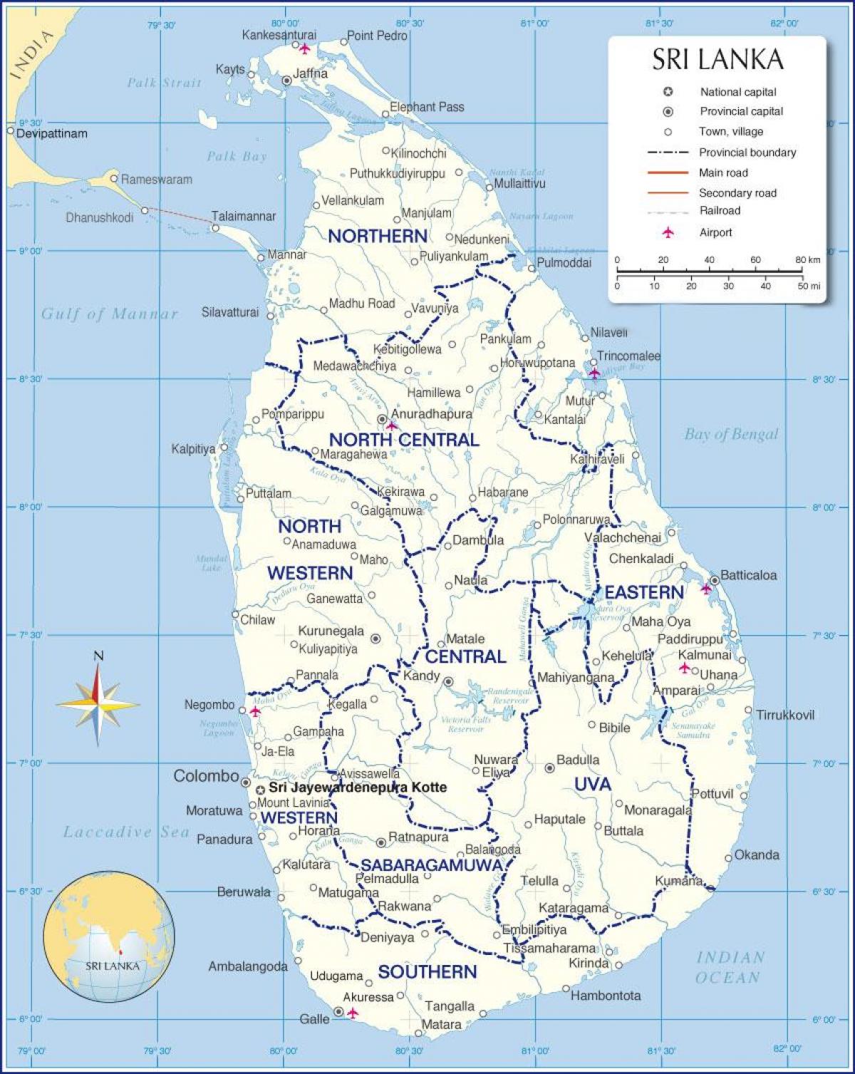 la carte des aéroports internationaux au Sri Lanka