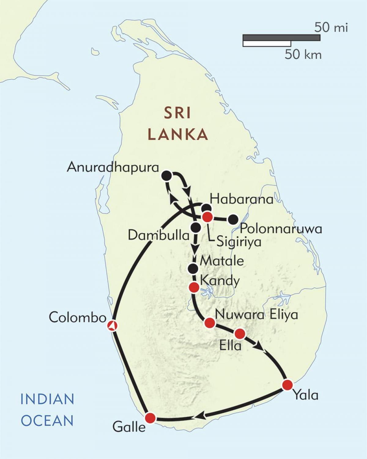 carte de Sri Lanka itinéraire