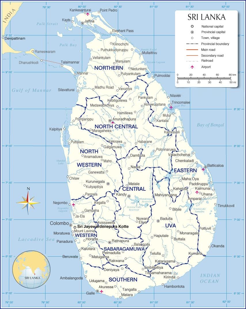 la carte des aéroports internationaux au Sri Lanka